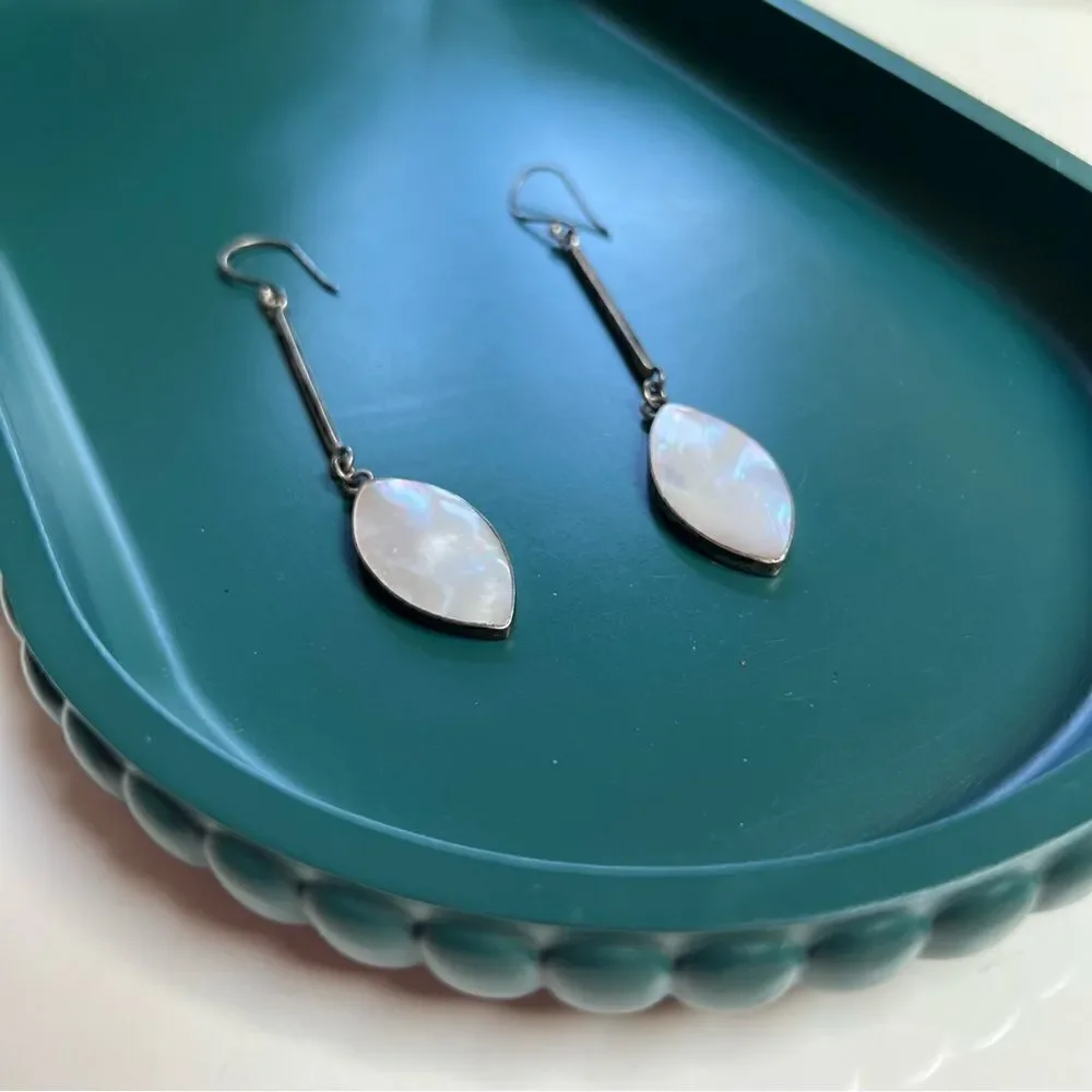 Vintage 925 Sterling Silver Moonstone Mother of Pearl Teardrop Long Earrings